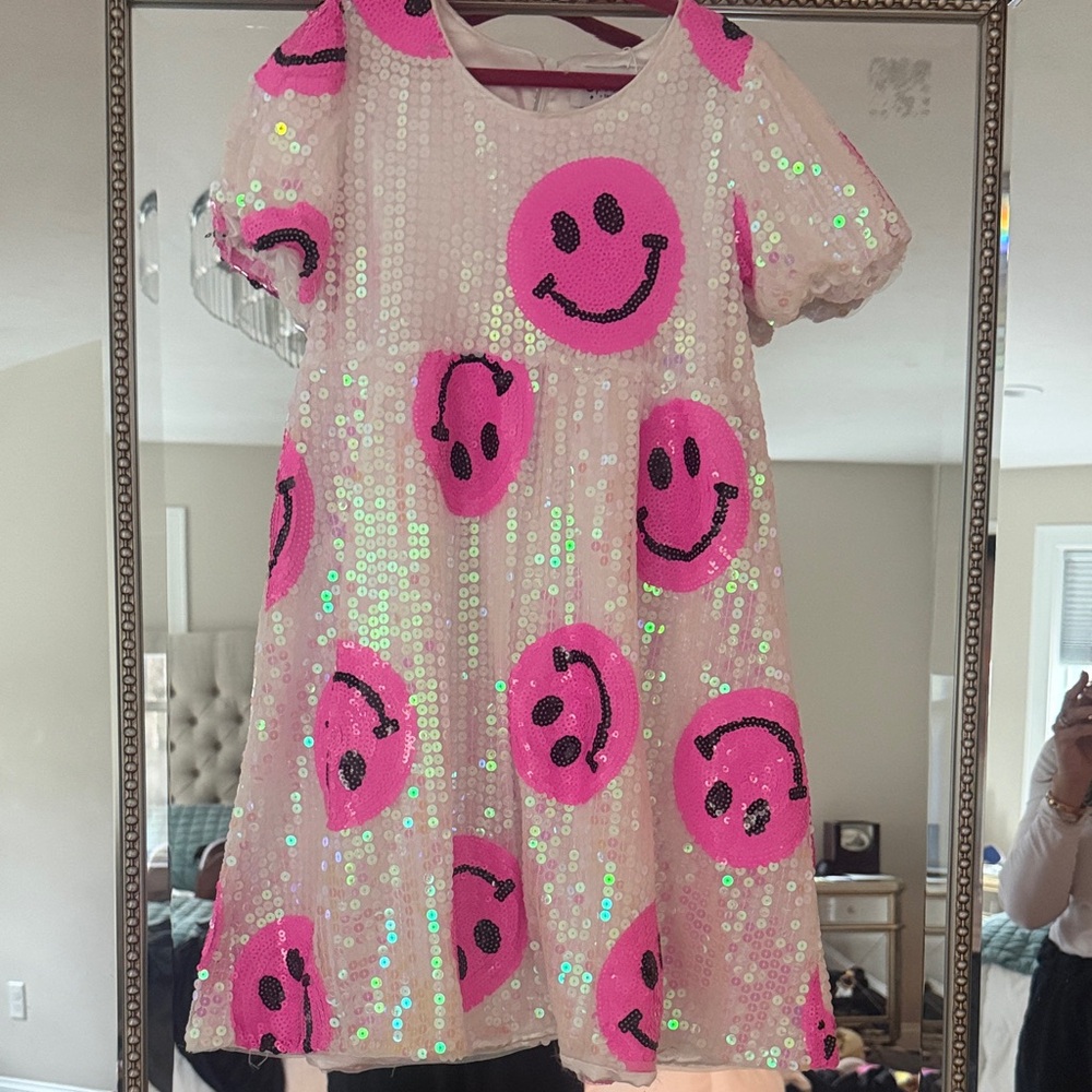 Lola + The Boys Pink Sequin Smiley Face Party Dress